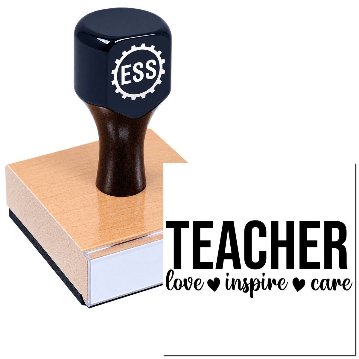 Dark navy teacher rubber stamp with wooden base and black handle, featuring ESS seal logo and "love inspire care" text.