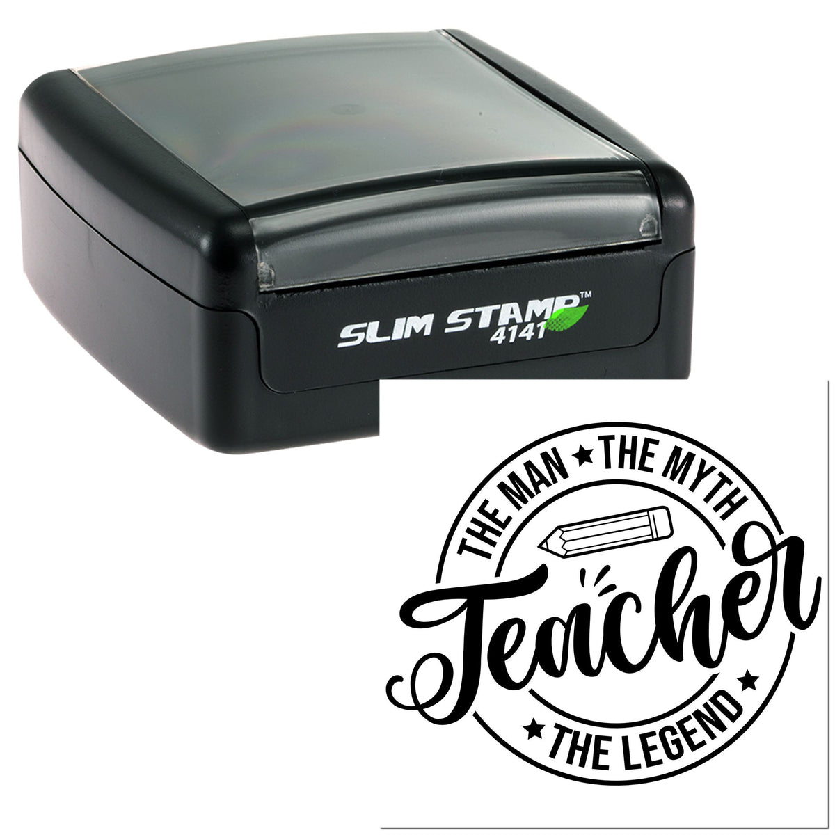 Black Slim Stamp 4141 self-inking stamp and round teacher seal with pencil graphic and bold black lettering on white background.