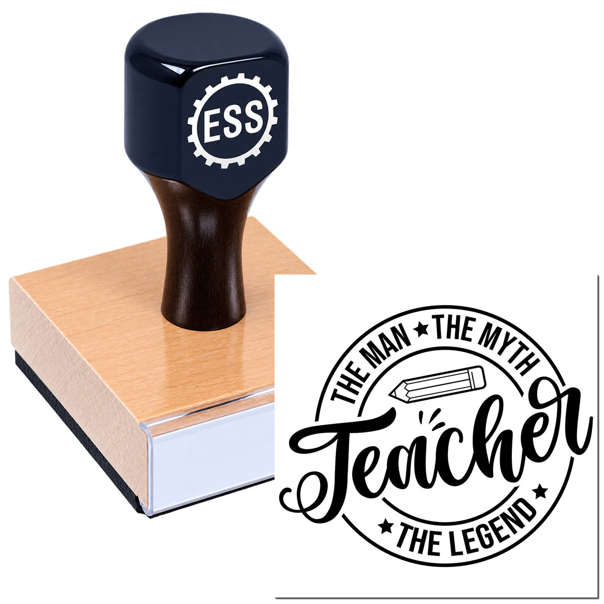 Dark blue ESS rubber stamp on a wooden block, with black teacher seal reading "The Man, The Myth, The Legend."