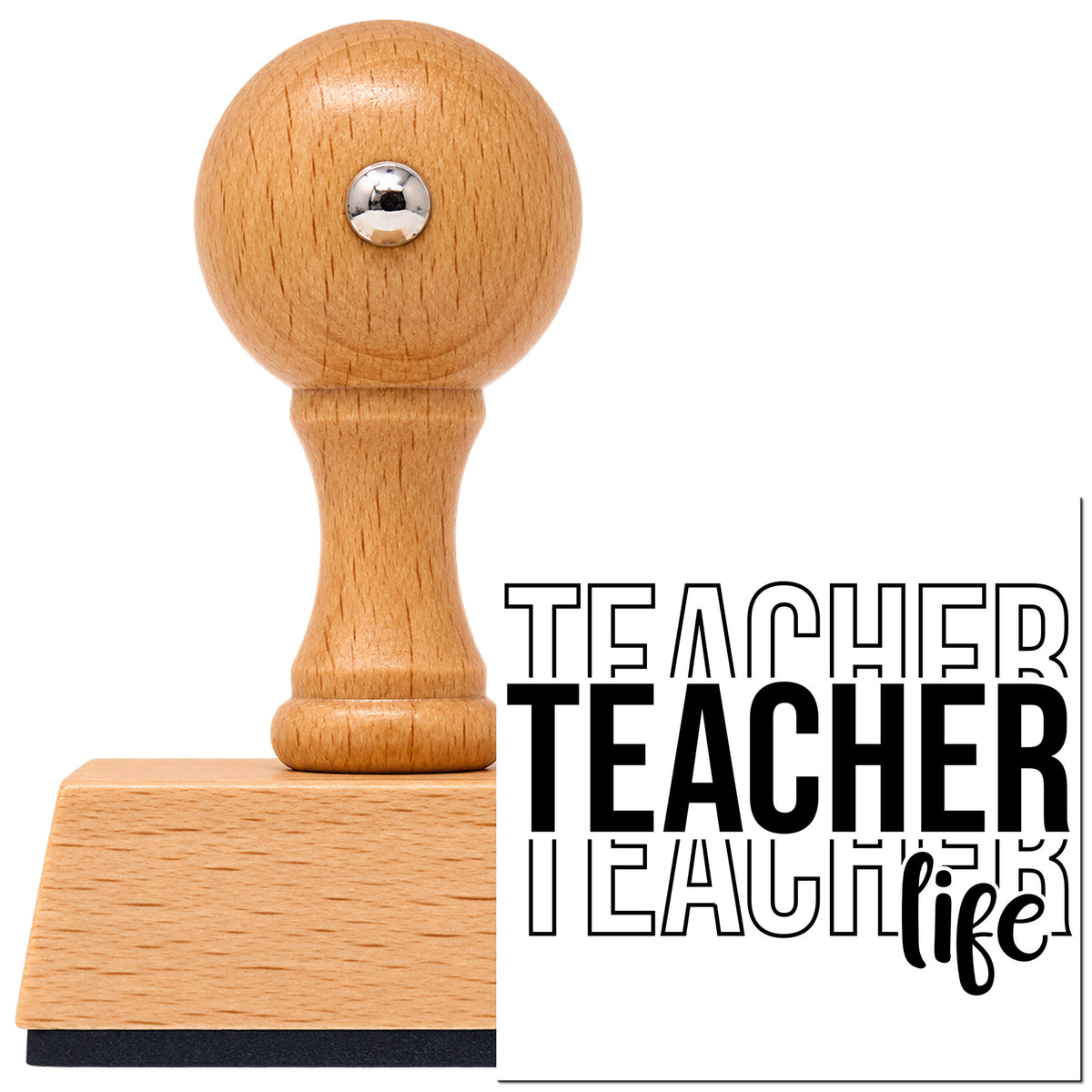 Vintage Pro beech wood stamp with a round knob handle, shown with its black Teacher Life Outline Stack Script Lettering imprint on white.