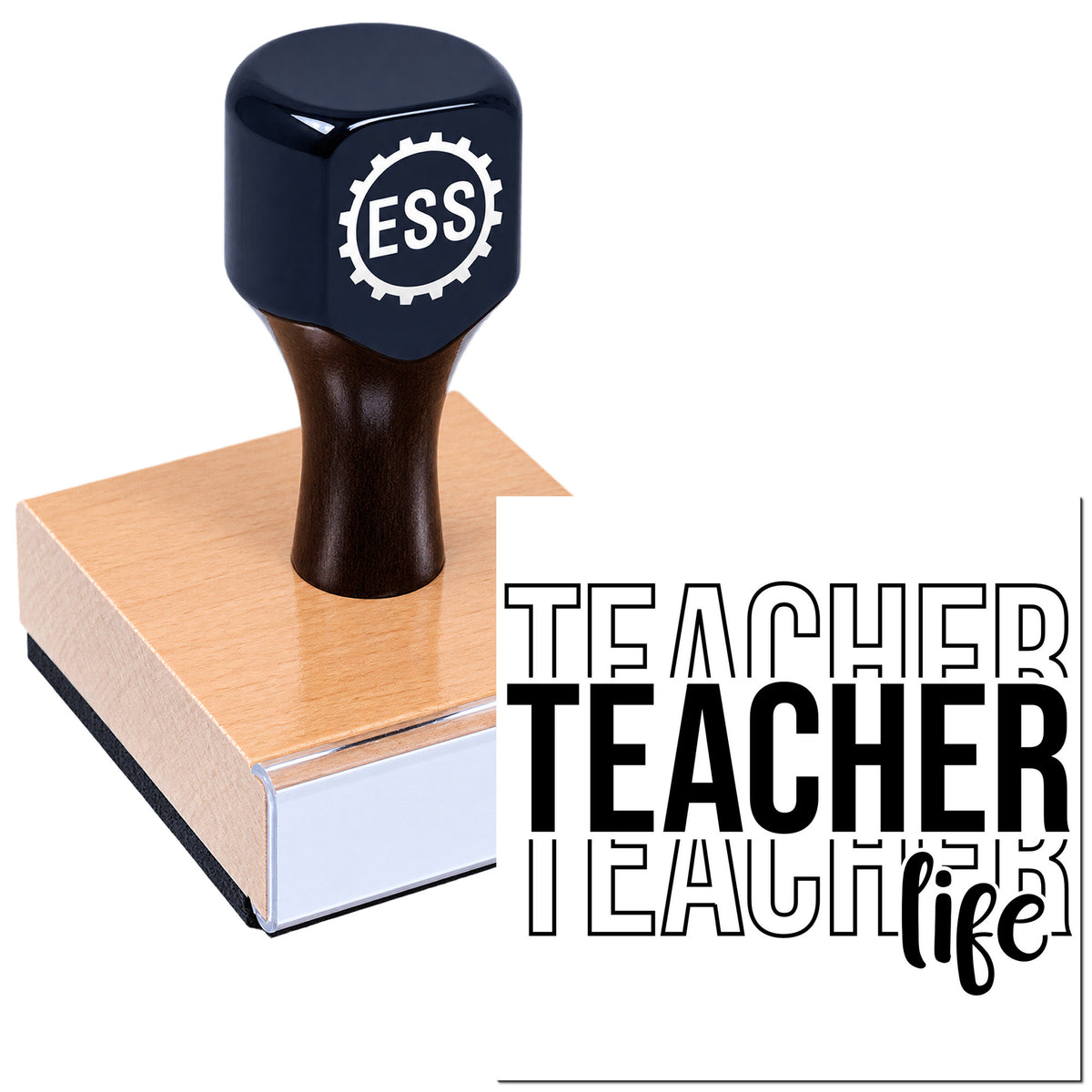 Black ESS stamp and seal on copper-toned base with bold "TEACHER" lettering on white background