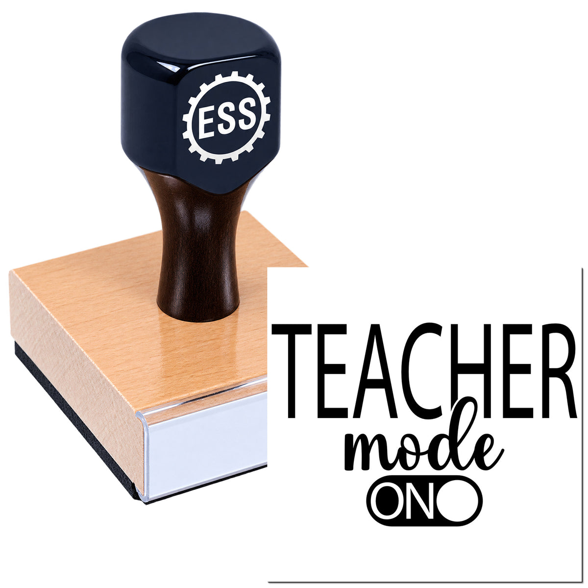 Navy blue self-inking teacher stamp and seal with ESS logo on a pink-and-white block, labeled "TEACHER mode ON".