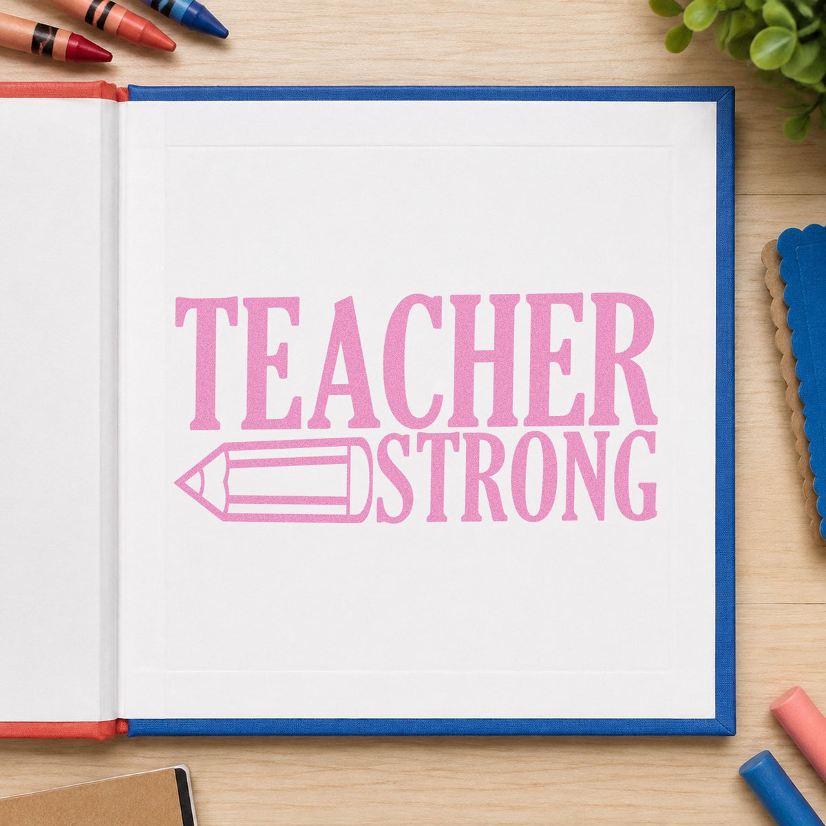 Teacher Strong Pencil craft stamp in purple ink on cardstock, an easy option for gym bag tags.