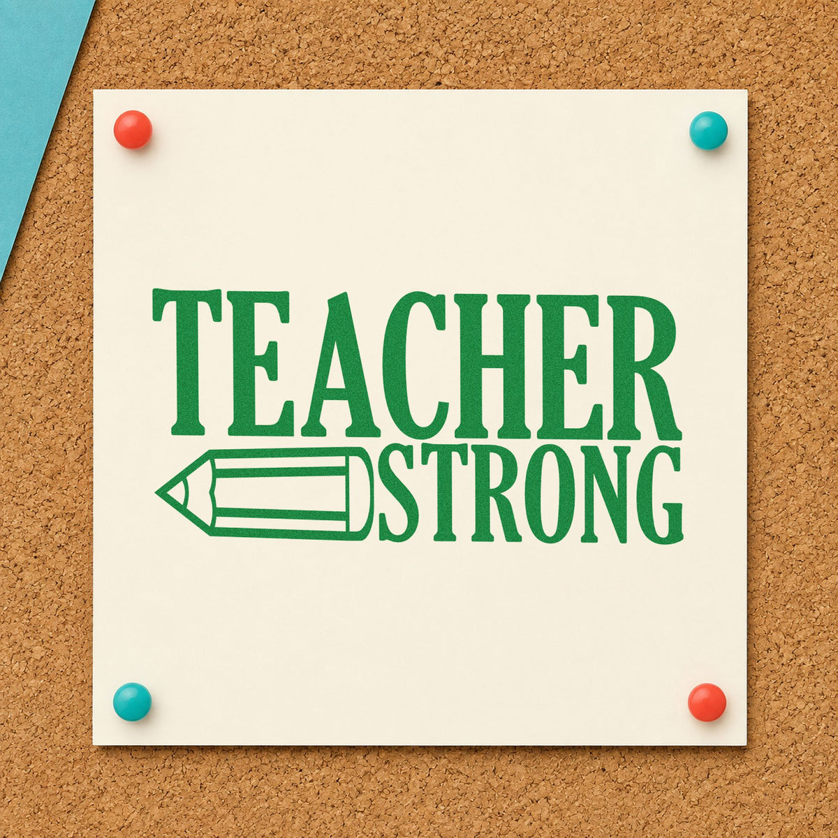 Teacher Strong Pencil craft stamp imprint in green ink on a handmade project, one idea being workout log pages.