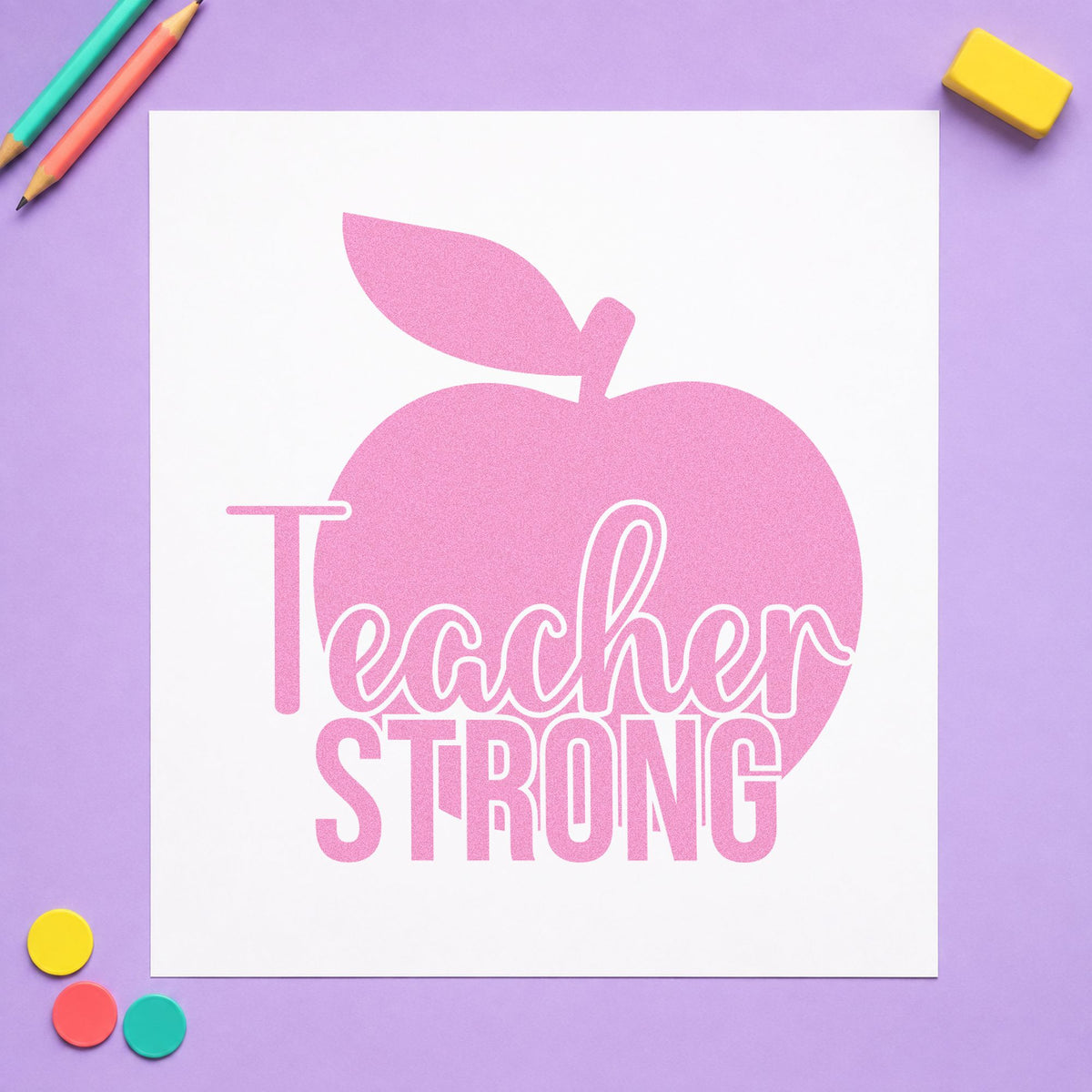 Teacher Strong Apple craft stamp in purple ink on cardstock, an easy option for harvest gift tags.
