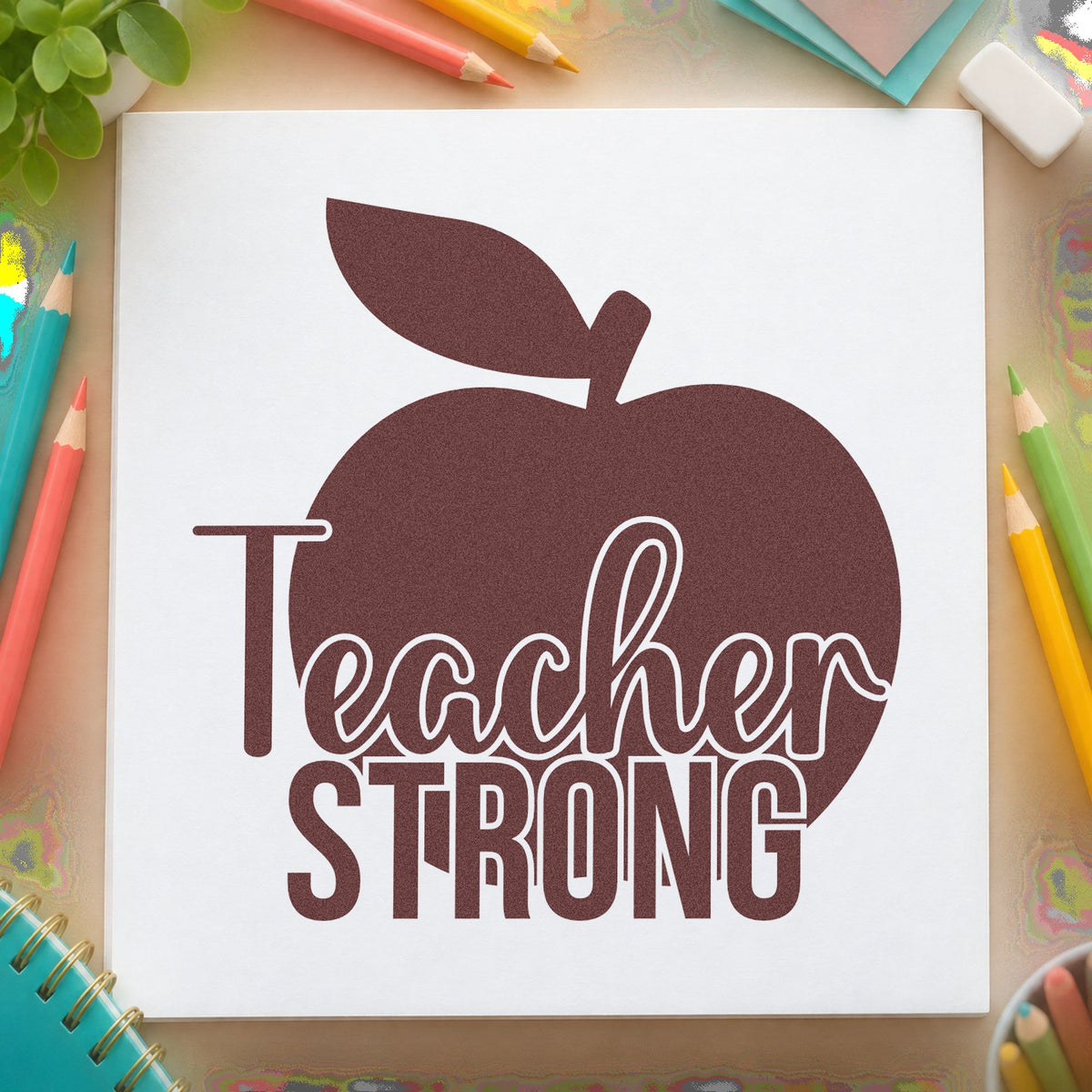 Teacher Strong Apple rubber stamp printed in brown ink, ready for apple stencil crafts and similar paper crafts.