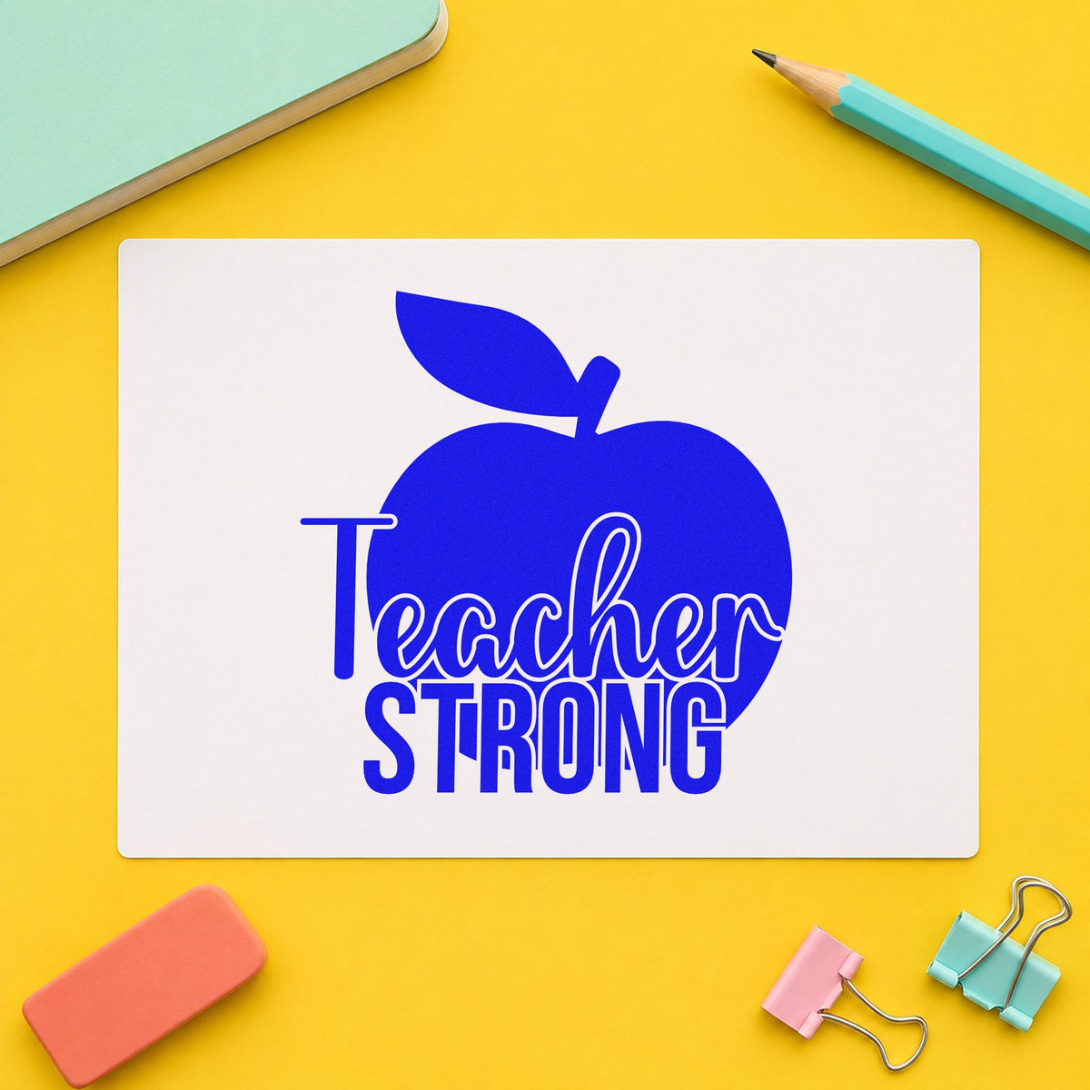 Teacher Strong Apple craft stamp imprinted in blue ink on paper, a design suited to orchard trip labels.
