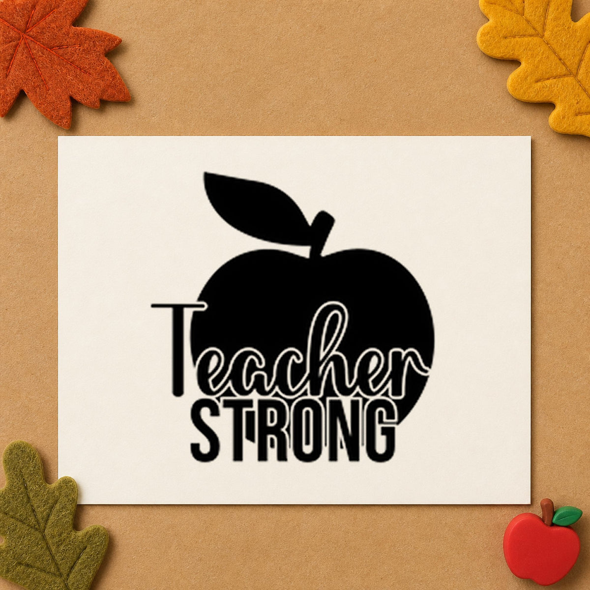 Teacher Strong Apple rubber stamp printed in black ink, ready for apple backdrop cards and similar paper crafts.