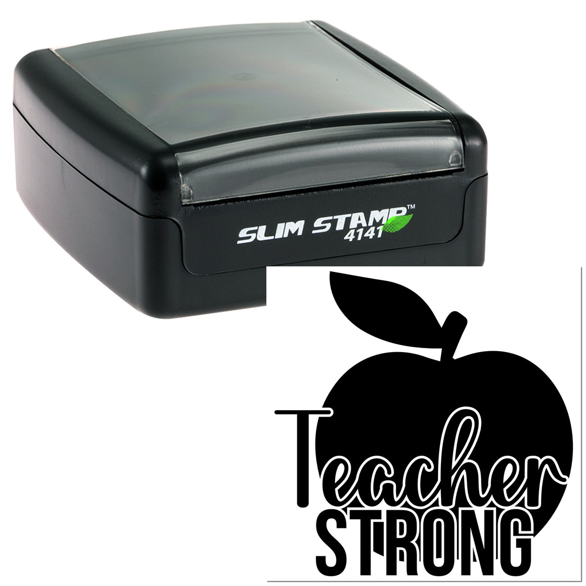 Black Slim Stamp 4141 self-inking stamp in black with translucent gray lid and Teacher Strong apple seal graphic.