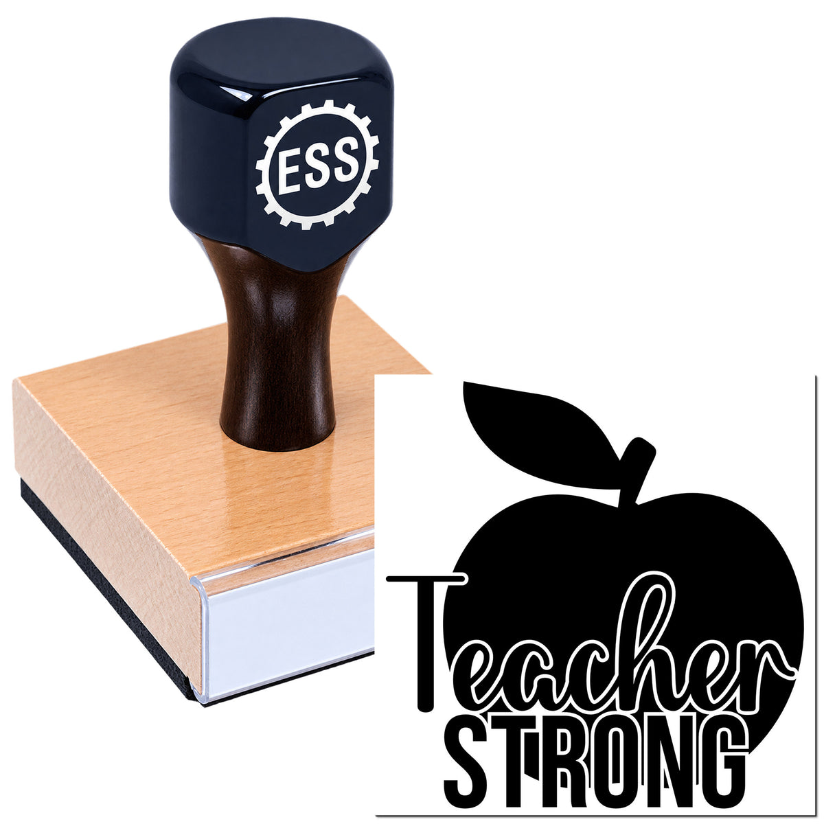 Black ESS stamp and seal on wooden block beside a Teacher Strong apple logo, a product for educators.