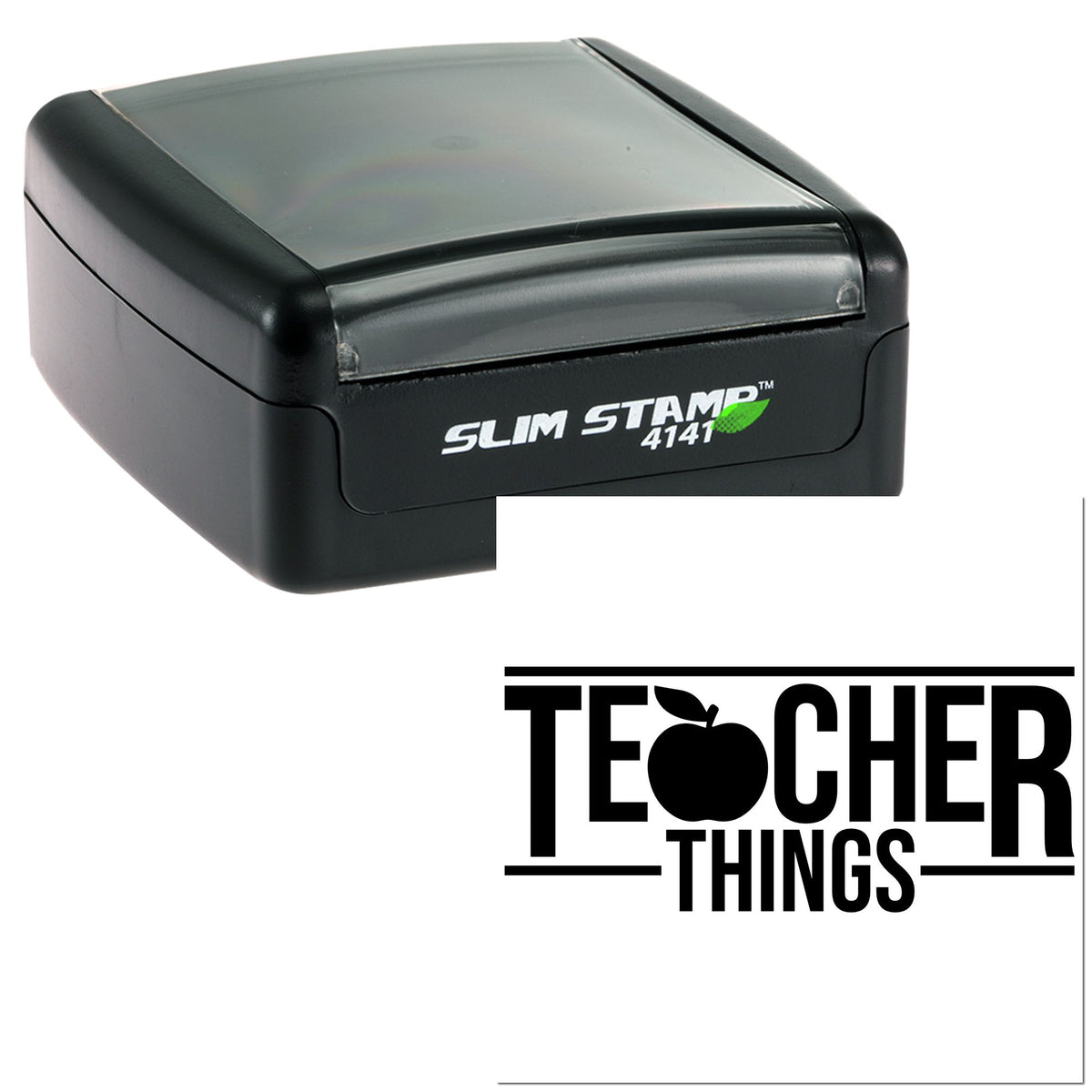 Black Slim Stamp 4141 self-inking stamp and seal with translucent gray top and white branding on a white background.