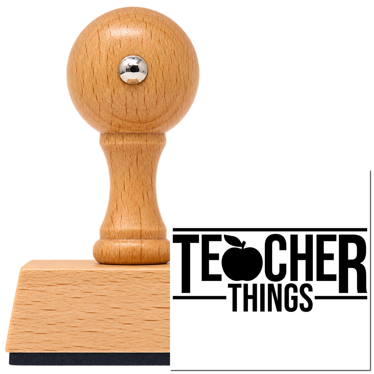 Vintage Pro beech wood stamp with a round knob handle, shown with its black Teacher Things Apple imprint on white.