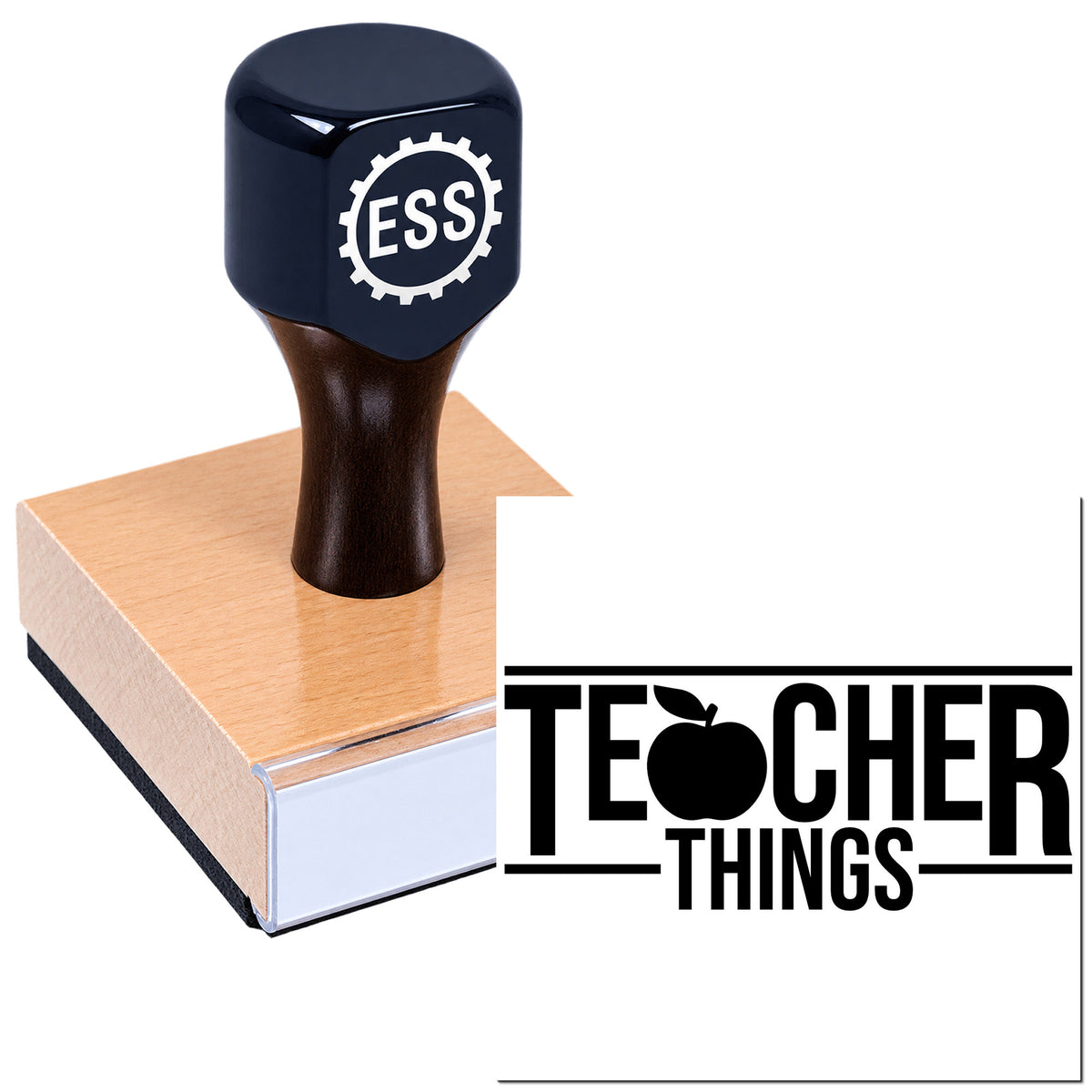 Black ESS gear-logo rubber stamp on a pink-and-white base with Teacher Things branding.