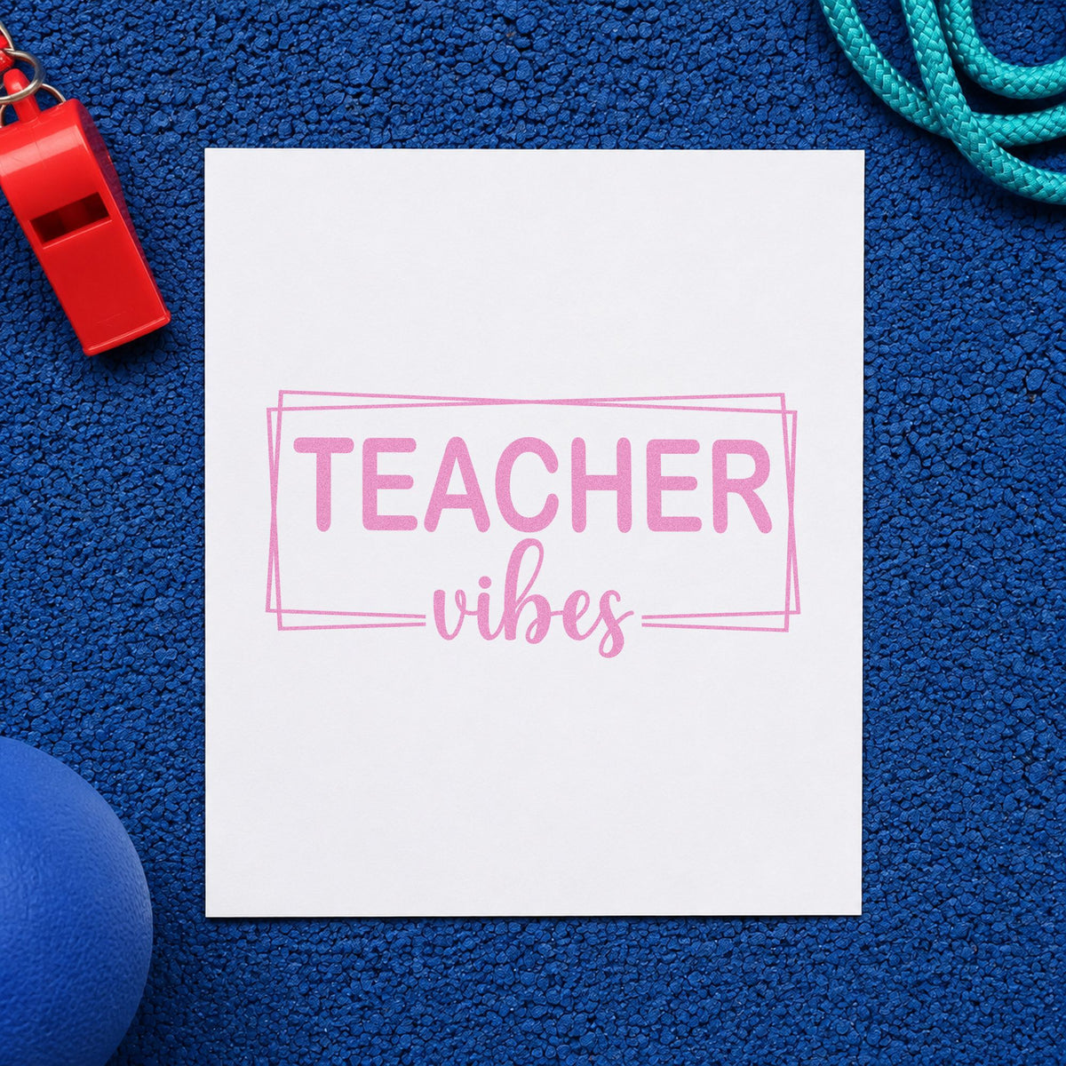 Teacher Vibes Frame craft stamp in purple ink on cardstock, an easy option for neutral decor tags.