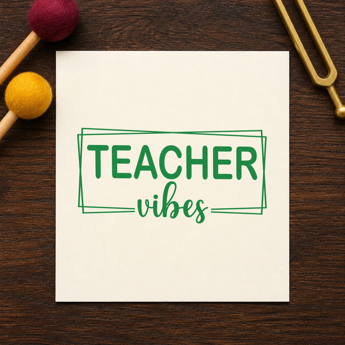 Teacher Vibes Frame craft stamp imprint in green ink on a handmade project, one idea being gallery wall pages.