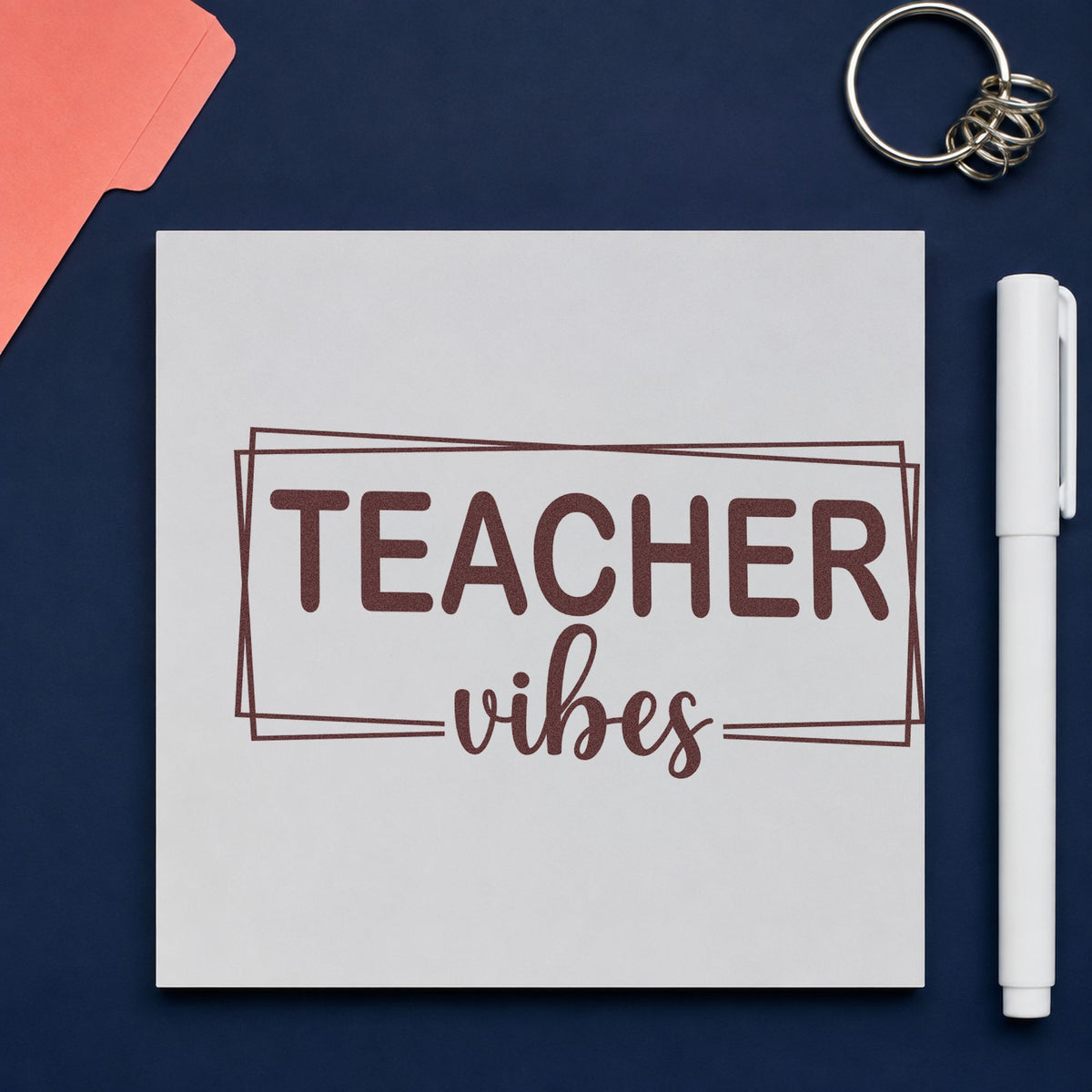 Teacher Vibes Frame rubber stamp printed in brown ink, ready for washi tape crafts and similar paper crafts.