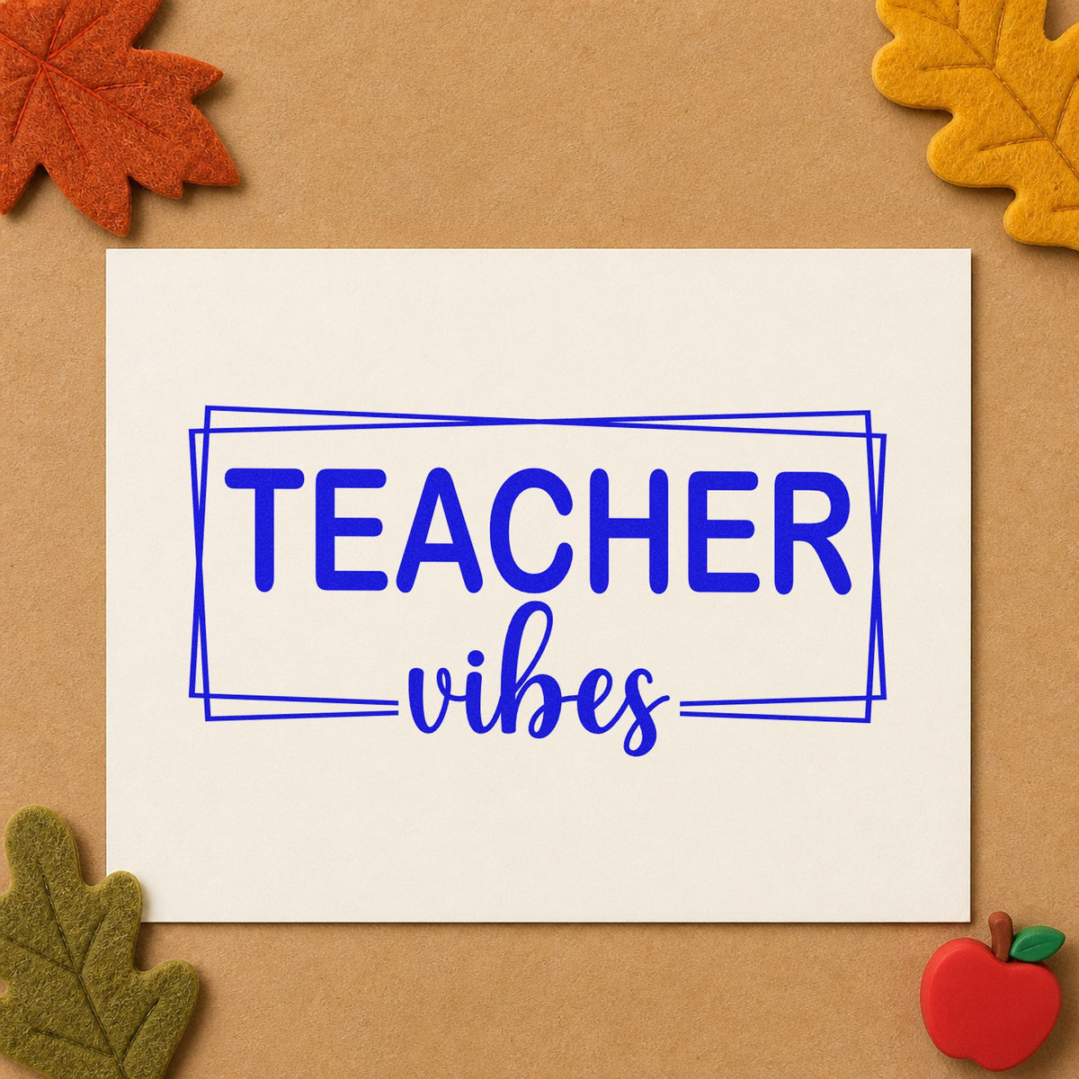 Teacher Vibes Frame craft stamp imprinted in blue ink on paper, a design suited to bin front labels.