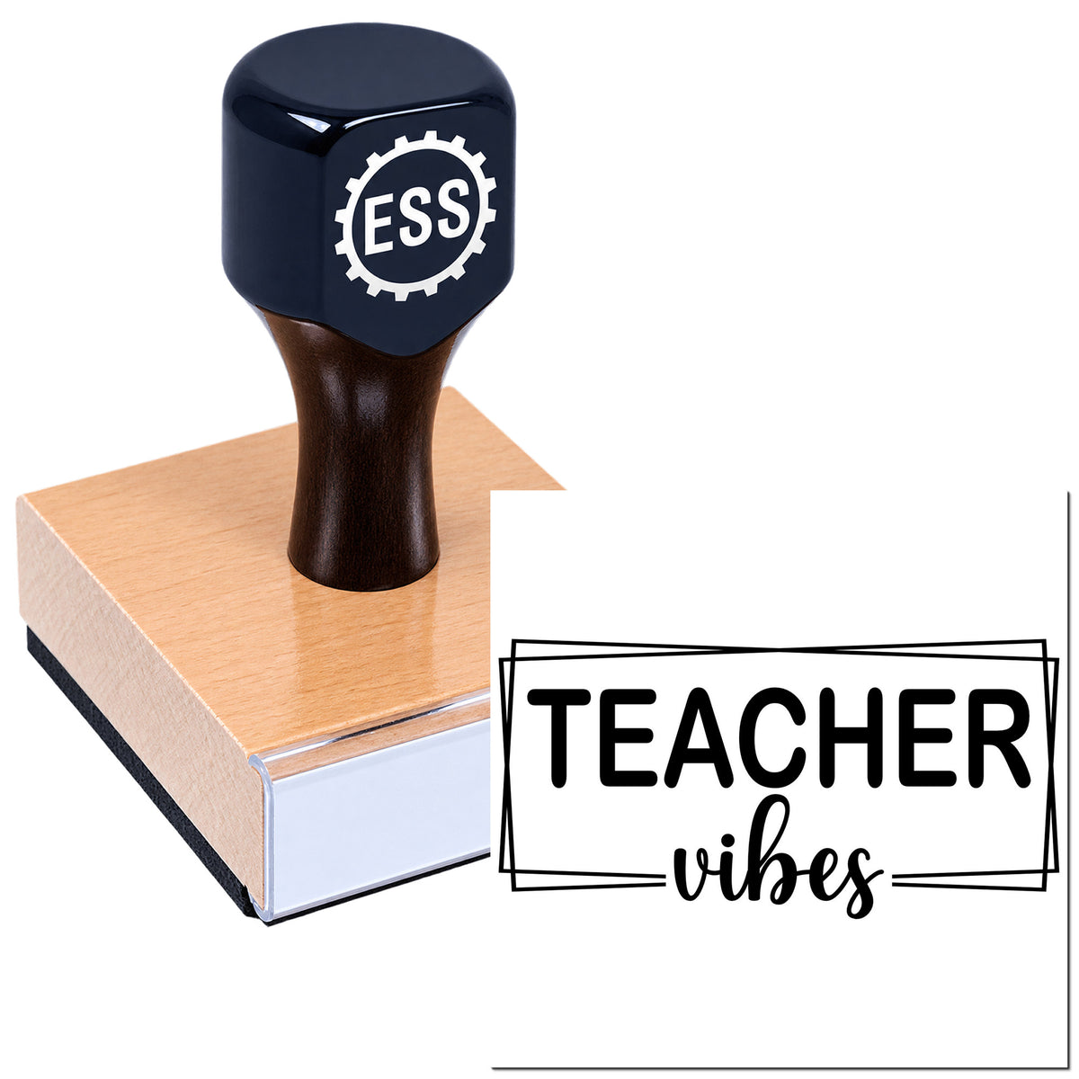 Dark blue ESS stamp on a wooden block with a black TEACHER vibes seal design on white background