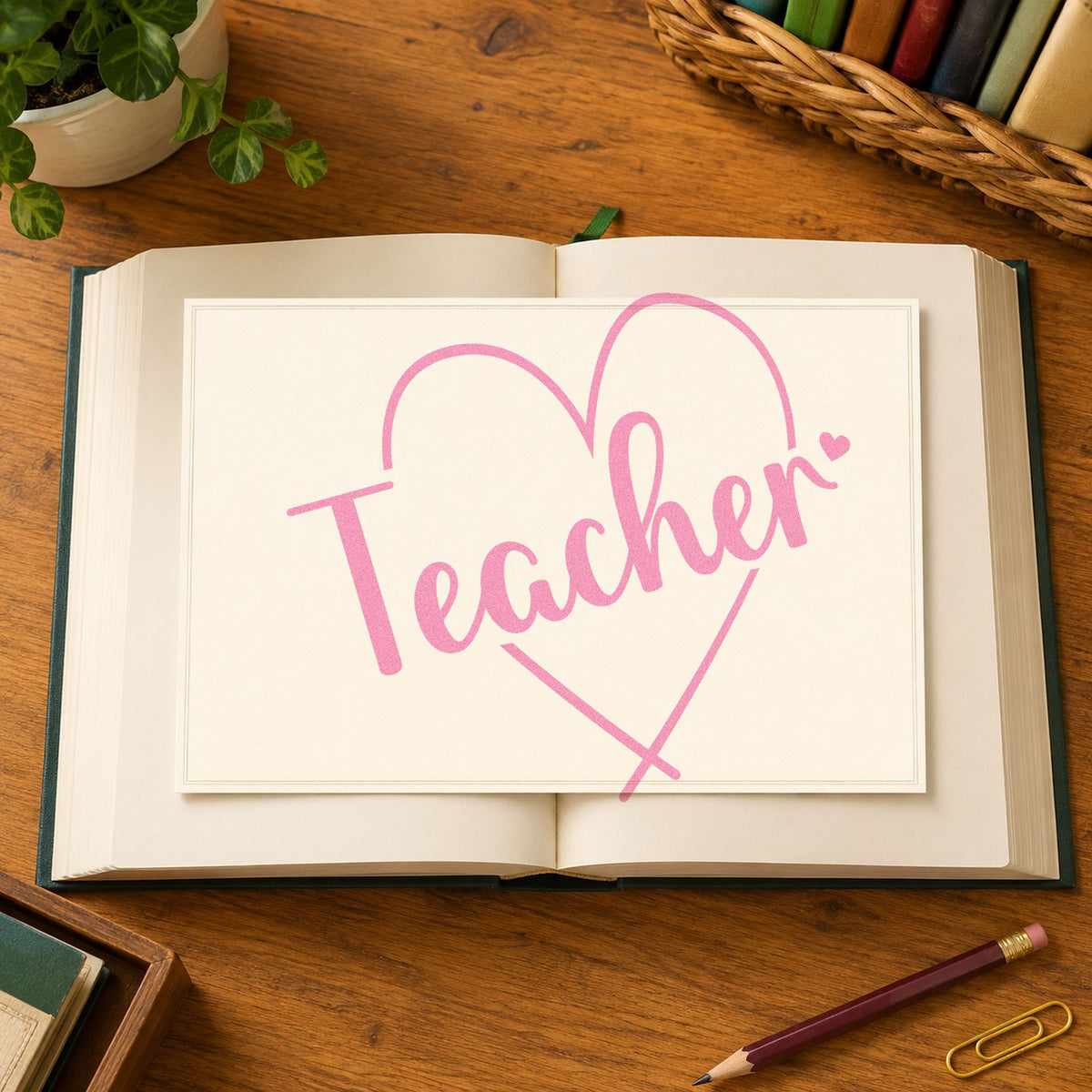 Teacher Heart Outline craft stamp in purple ink on cardstock, an easy option for valentine class tags.