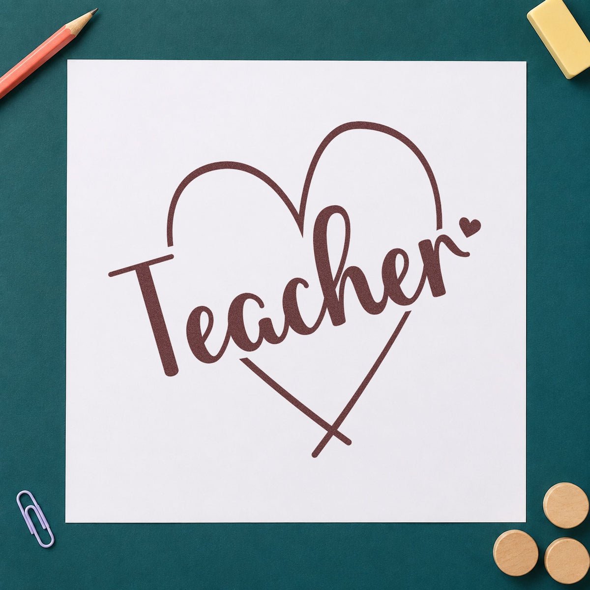 Teacher Heart Outline rubber stamp printed in brown ink, ready for paper garland crafts and similar paper crafts.
