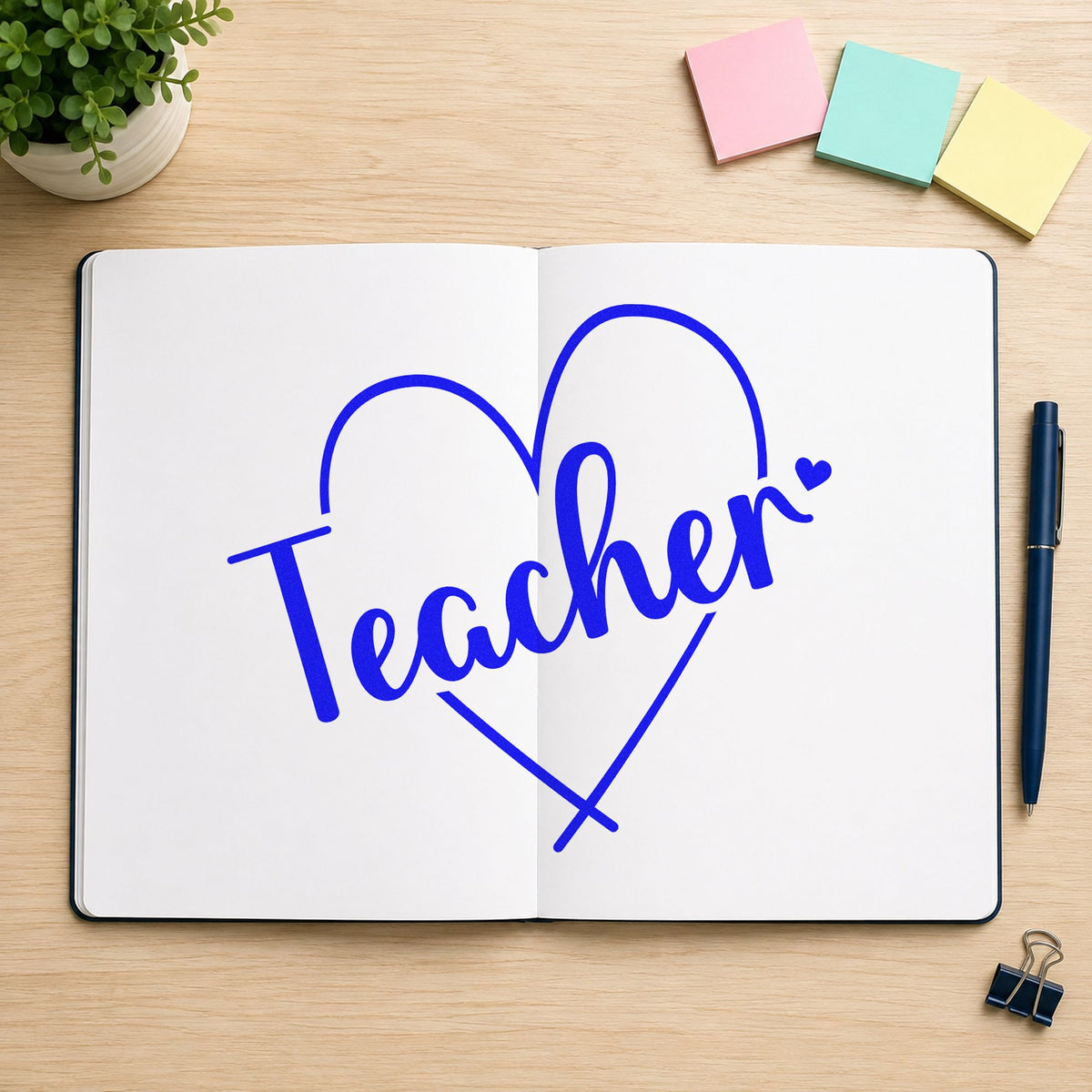 Teacher Heart Outline craft stamp in blue ink on cardstock, an easy option for apron bib panels.