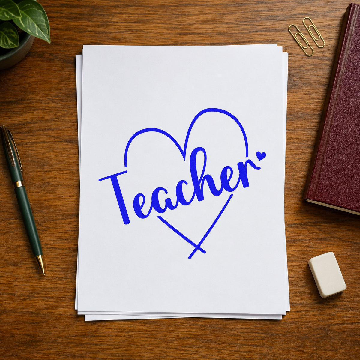 Teacher Heart Outline craft stamp imprinted in blue ink on paper, a design suited to candy jar labels.