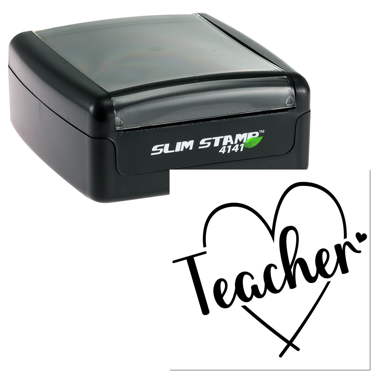 Black Slim Stamp 4141 self-inking stamp and heart-shaped Teacher seal on white background