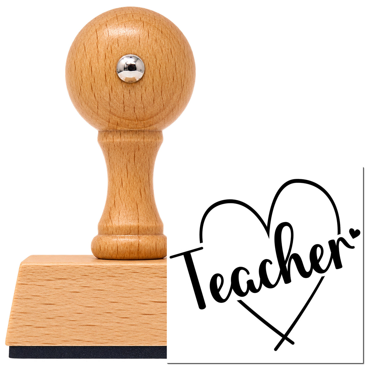 Vintage Pro beech wood stamp with a round knob handle, shown with its black Teacher Heart Line Art imprint on white.