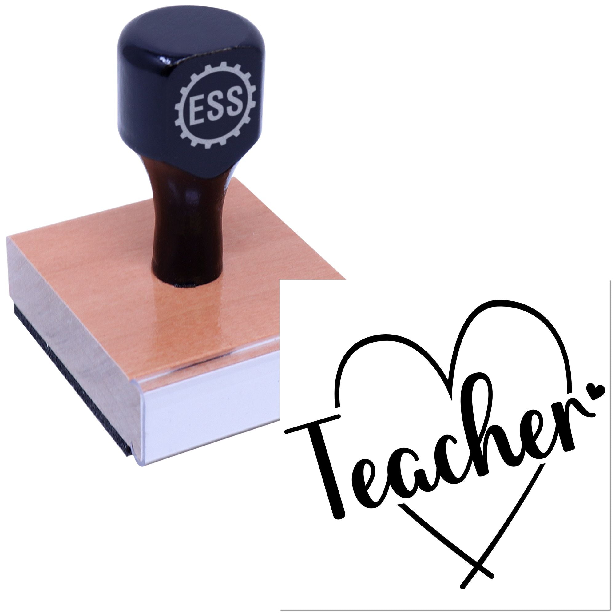 Black ESS stamp and seal on a wooden block, featuring a heart-shaped Teacher design.