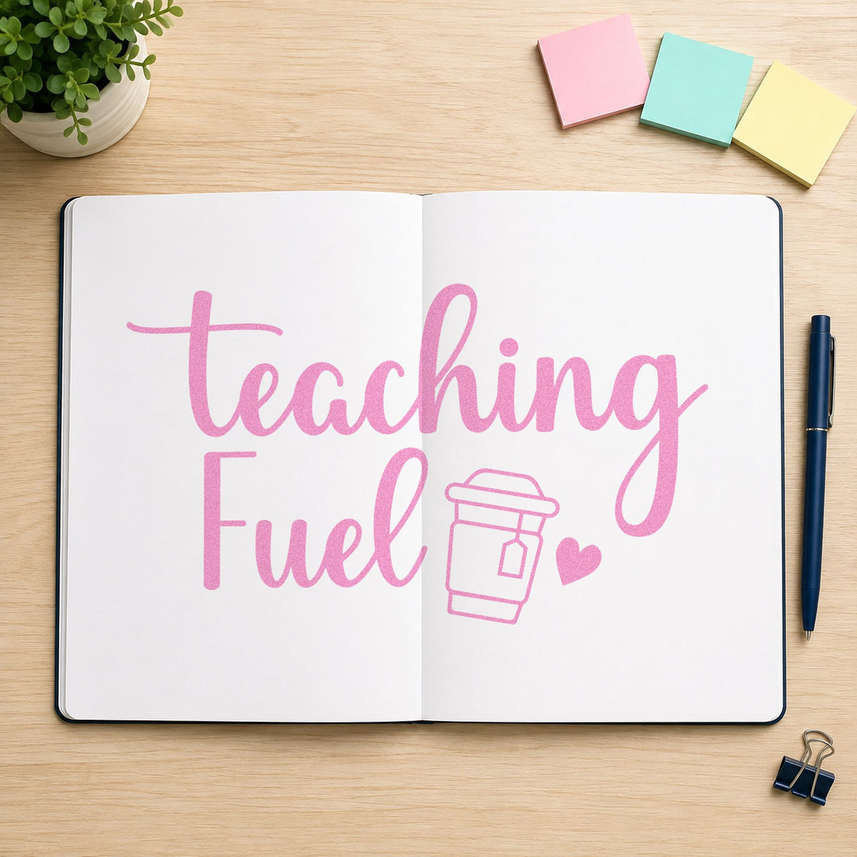 Teaching Fuel craft stamp in purple ink on cardstock, an easy option for coffee card tags.