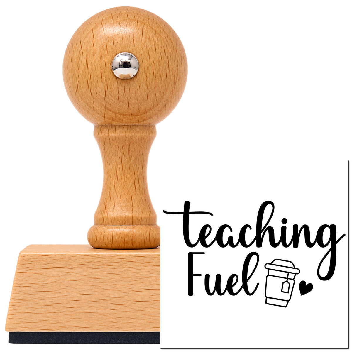 Vintage Pro beech wood stamp with a round knob handle, shown with its black Teaching Fuel imprint on white.
