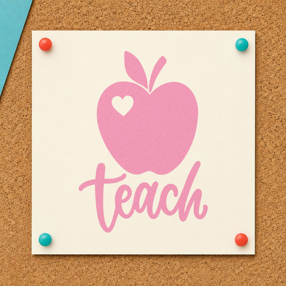 Teach Apple Heart craft stamp in purple ink on cardstock, an easy option for simple gift tags.