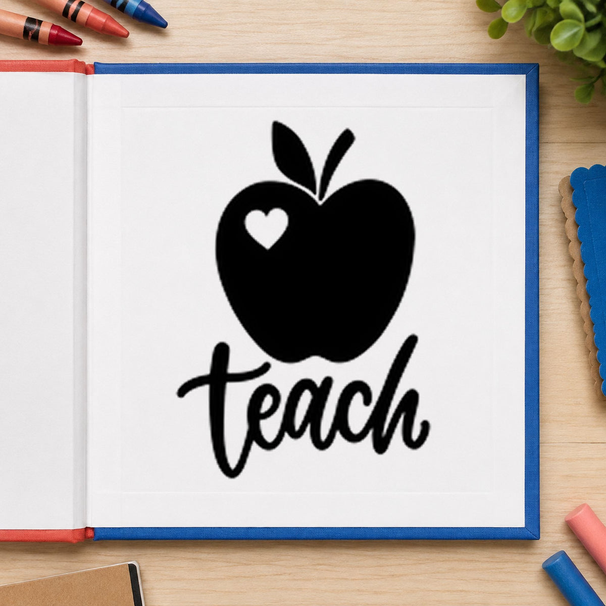 Teach Apple Heart rubber stamp printed in black ink, ready for apple heart cards and similar paper crafts.