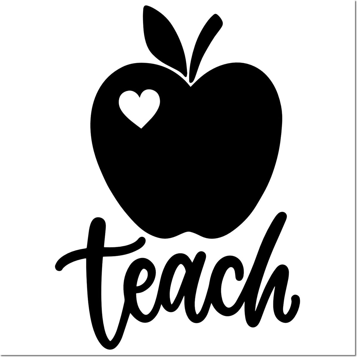 Black teacher stamp seal with apple and heart icon, cursive teach text in black on white background.