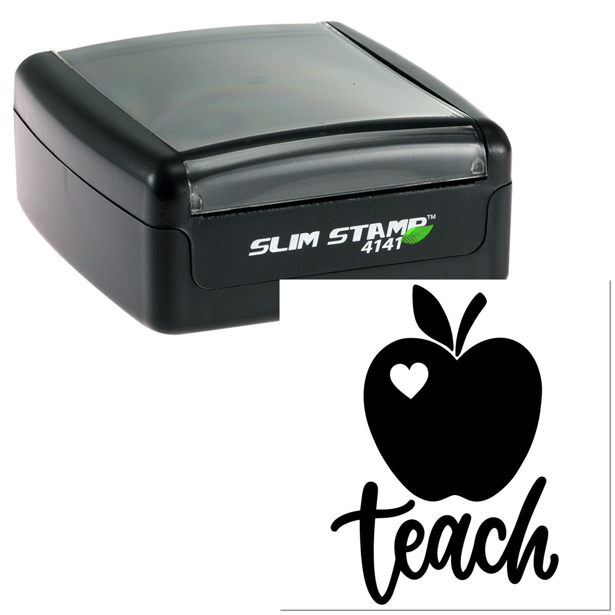 Black Slim Stamp 4141 self-inking stamp with clear cover and apple-heart teach seal design on white background.