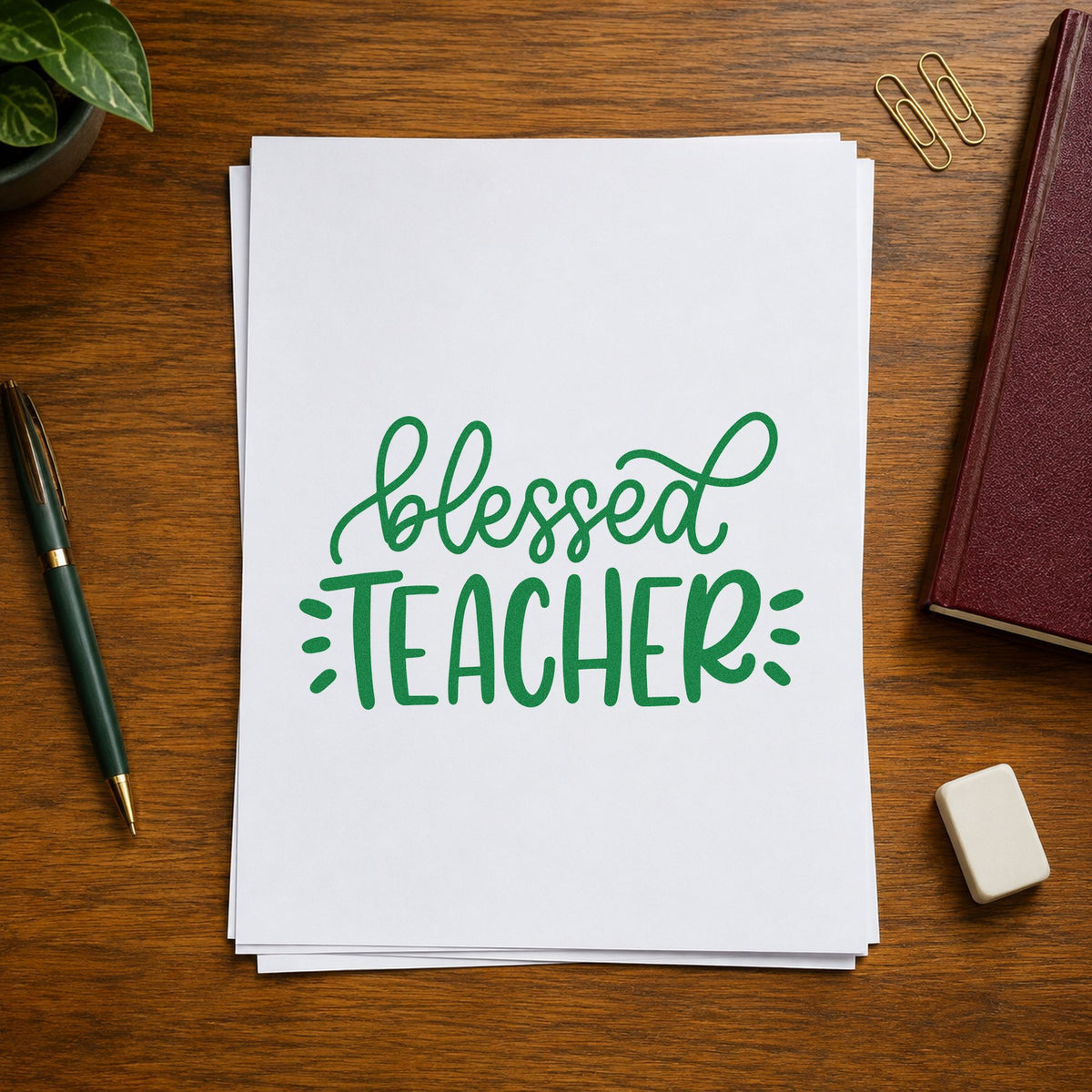 Blessed Teacher craft stamp imprint in green ink on a handmade project, one idea being framed chapel entry.