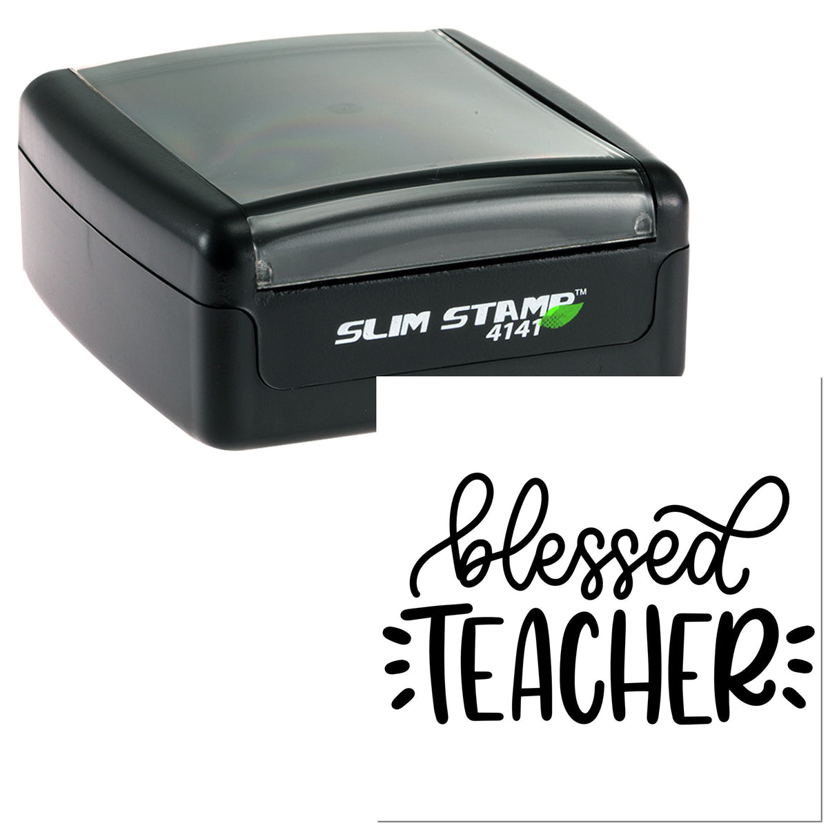 Black Slim Stamp 4141 with translucent gray top and blessed teacher seal impression on white background.