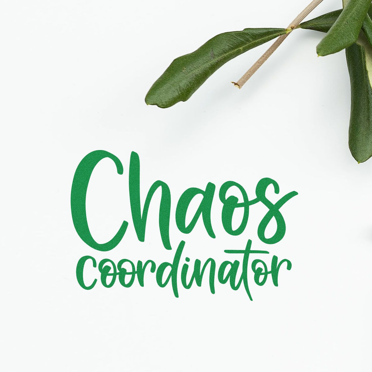 Green Chaos coordinator stamp and seal design with leafy branch on white background