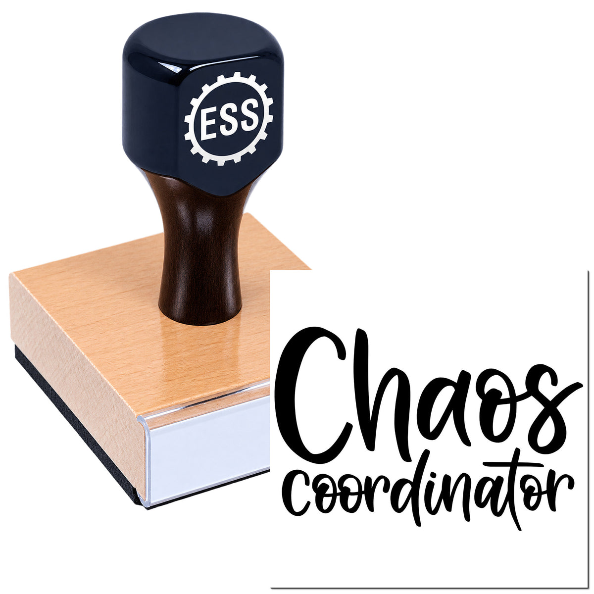 Dark blue ESS self-inking stamp on wooden block, with black "Chaos coordinator" seal imprint.