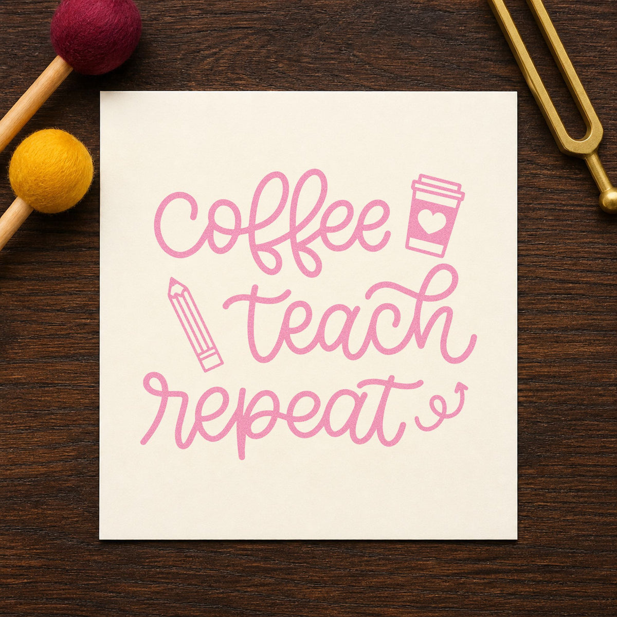 Coffee Teach Repeat craft stamp in purple ink on cardstock, an easy option for bean bag tags.
