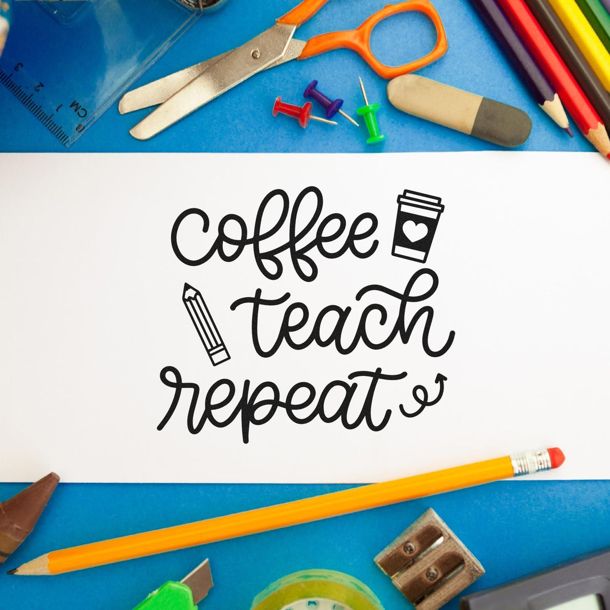 Black coffee teach repeat stamp design with cup and pencil icons, surrounded by colorful school supplies on blue.