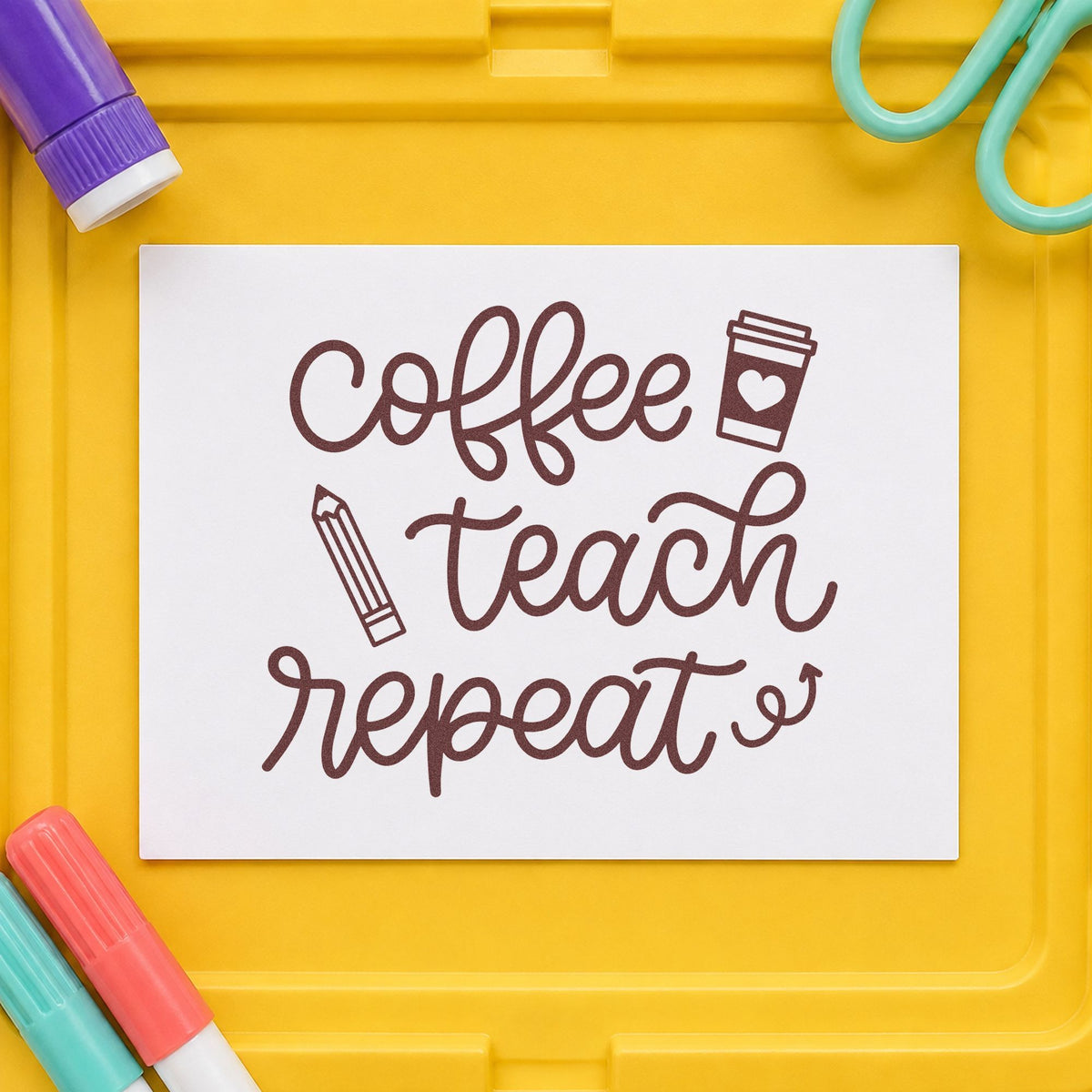 Coffee Teach Repeat rubber stamp printed in brown ink, ready for stencil set crafts and similar paper crafts.