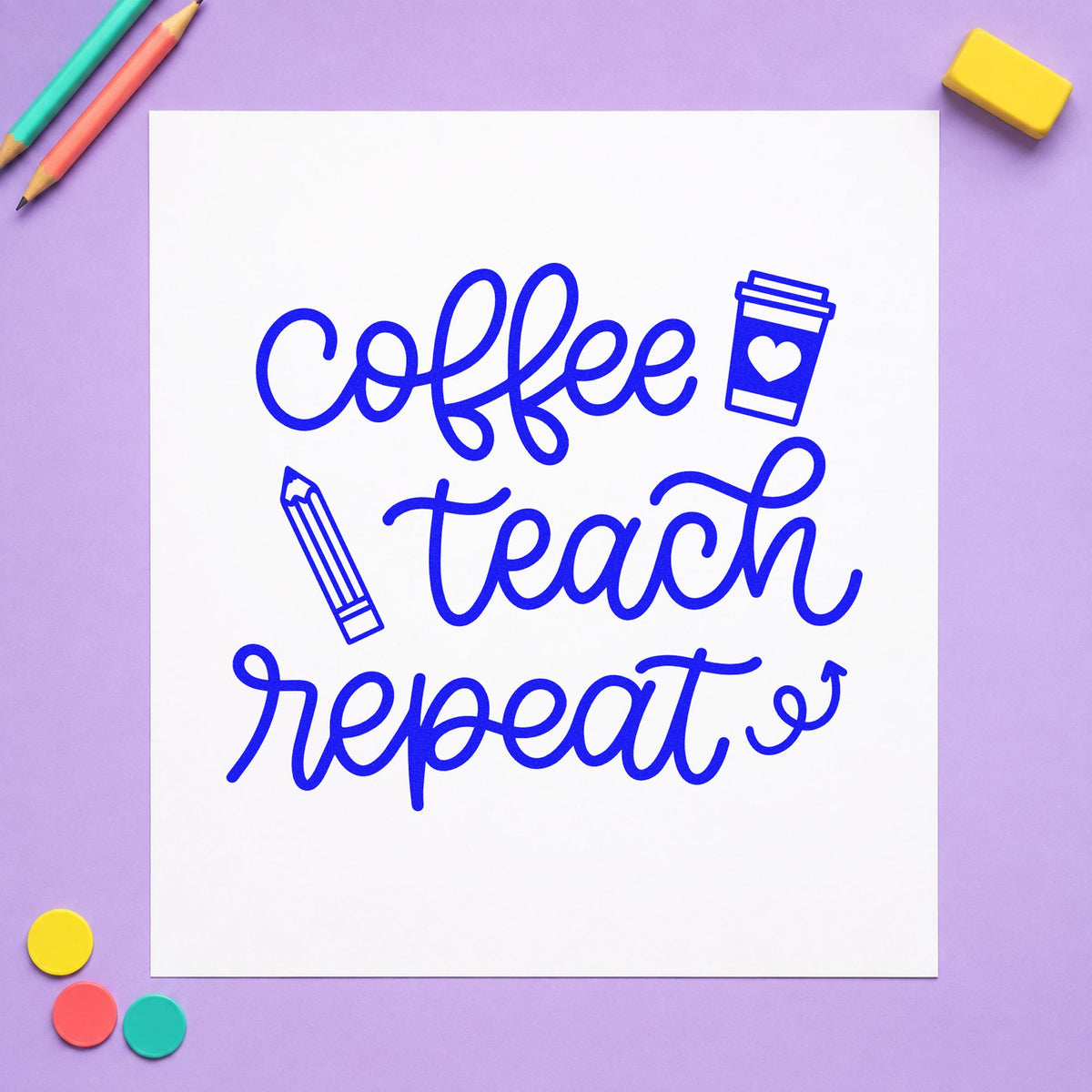 Coffee Teach Repeat craft stamp imprinted in blue ink on paper, a design suited to grinder shelf labels.