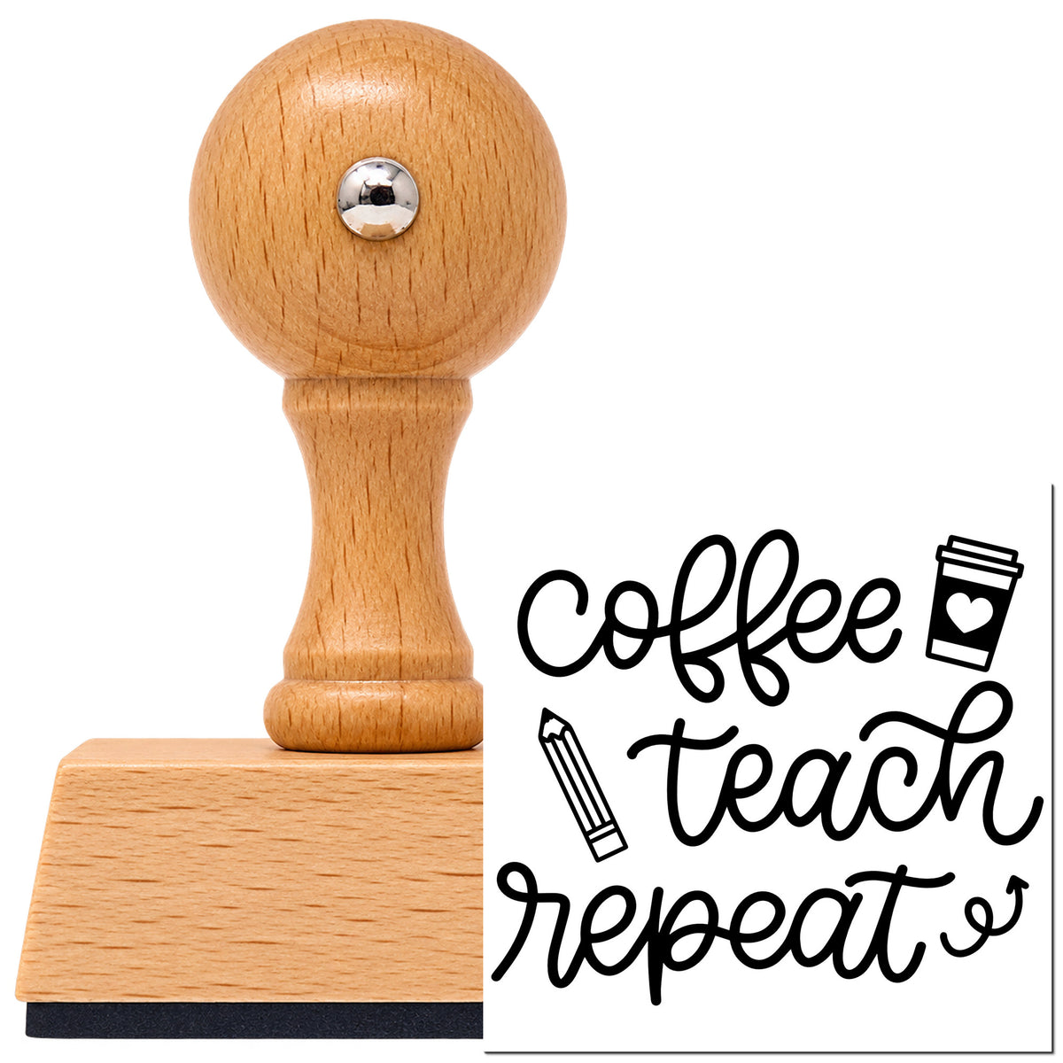 Vintage Pro beech wood stamp with a round knob handle, shown with its black Coffee Teach Repeat imprint on white.