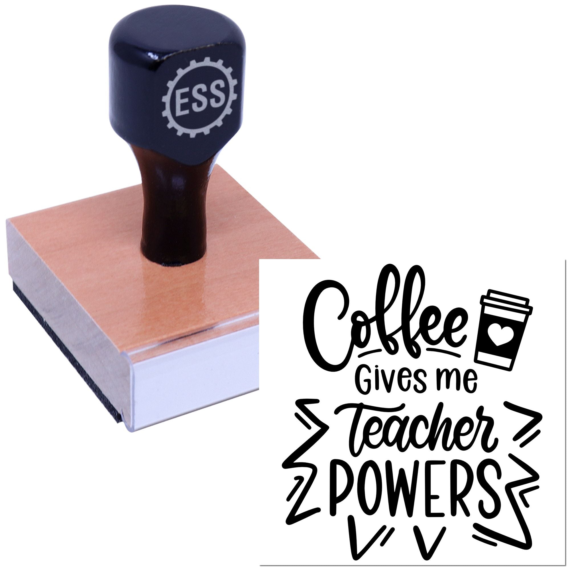 Dark blue ESS custom stamp and seal on a pink wood block, showing a black Coffee Gives Me Teacher Zpowers design.