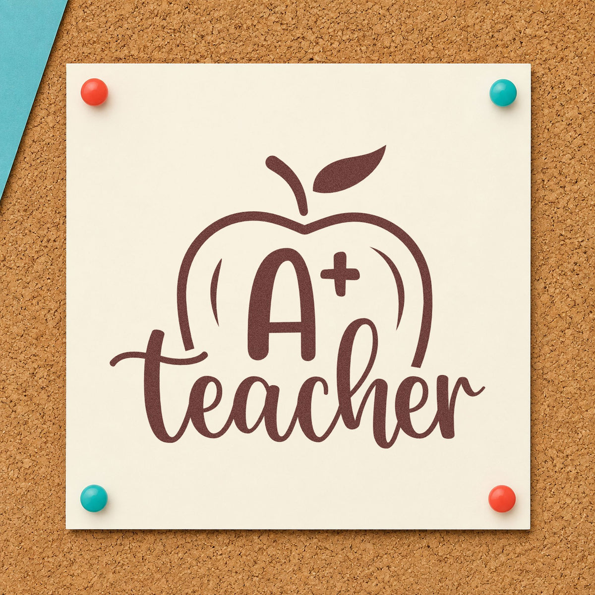 A Plus Teacher Apple rubber stamp printed in brown ink, ready for sticker blank crafts and similar paper crafts.