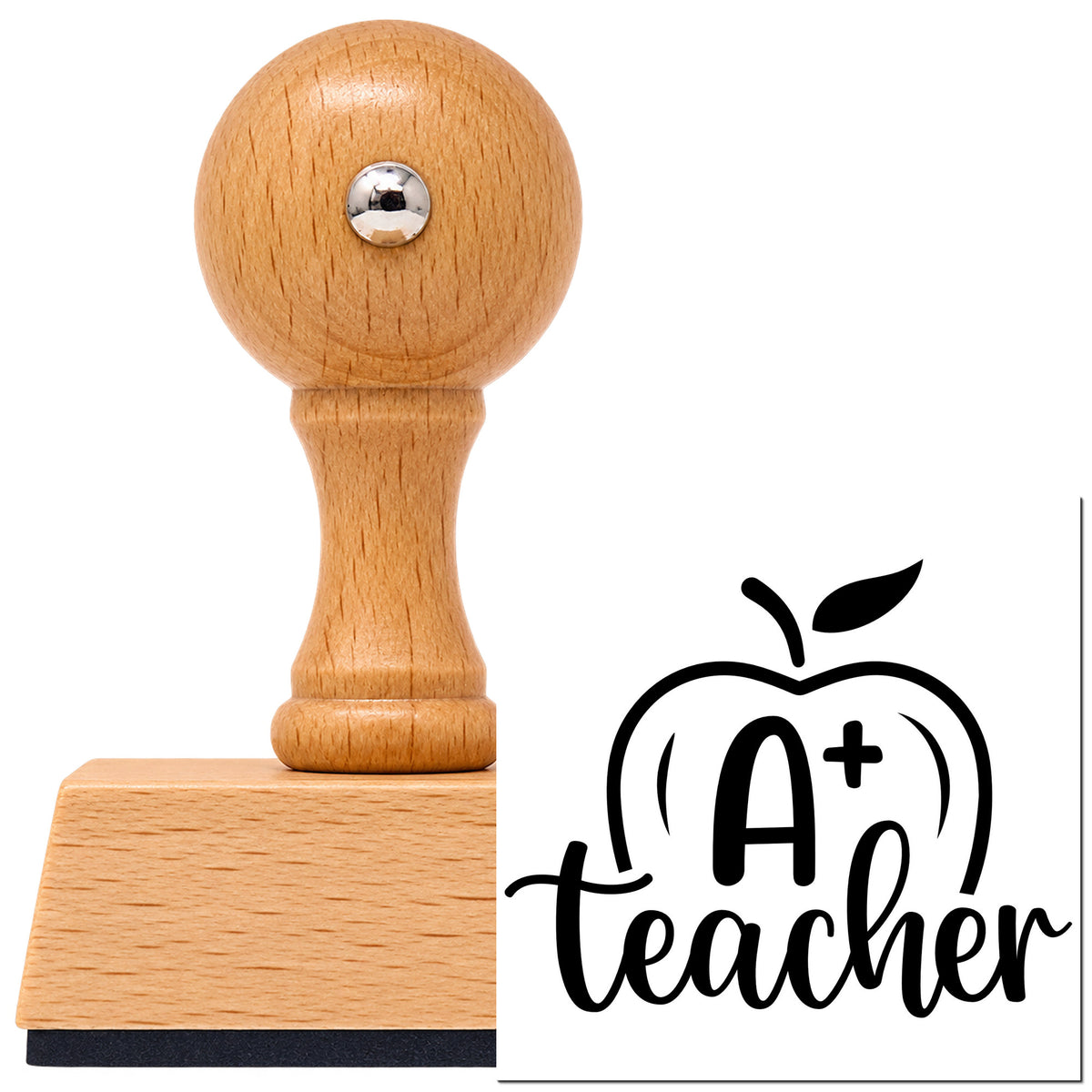 Vintage Pro beech wood stamp with a round knob handle, shown with its black A Plus Teacher Apple imprint on white.