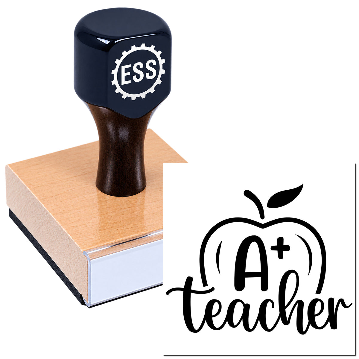Black ESS rubber stamp on wooden block with A+ teacher apple seal design