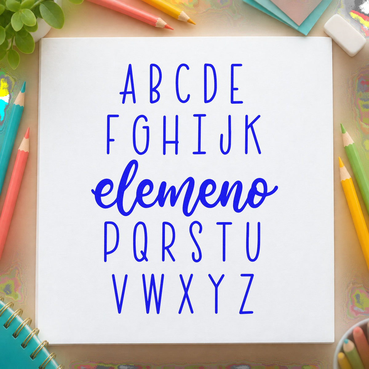 Alphabet Elemeno craft stamp in blue ink on cardstock, an easy option for cubby strip panels.