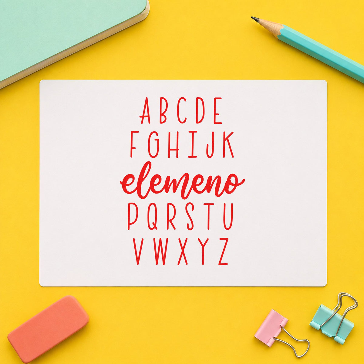 Alphabet Elemeno rubber stamp shown in red ink, stamped for projects such as reading milestone notes.